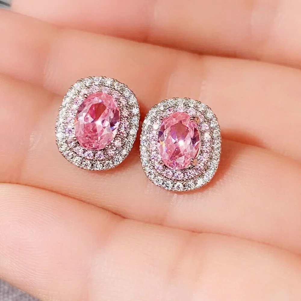 Pink Oval CZ Halo Stud Earrings Silver Tone Glam Statement Earrings